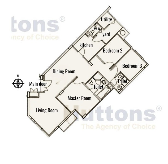 Villa Marina 3-bedroom floor plan, 1152 sqft, showing living, dining, master bedroom, two common bedrooms, kitchen, utility, yard, and home shelter