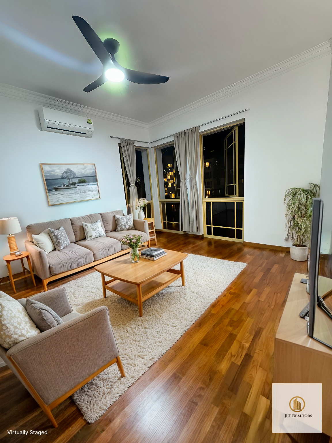 Living room at Villa Marina, virtually staged with Scandinavian furnishings